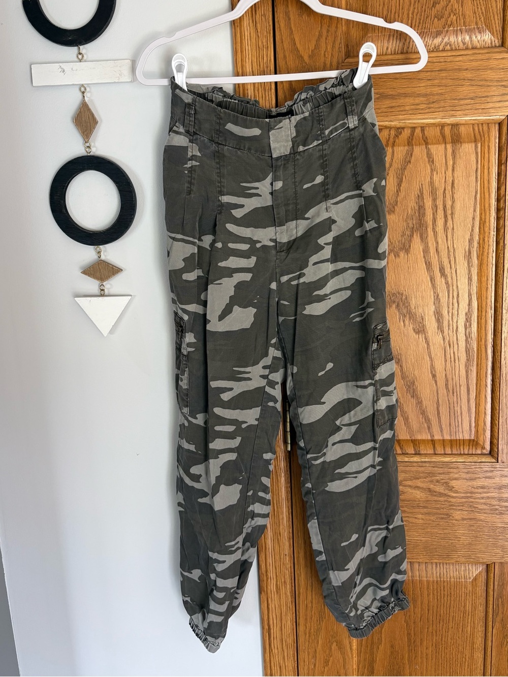 Express Women’s Camo Cargo Pants in Army Green and Light Gray